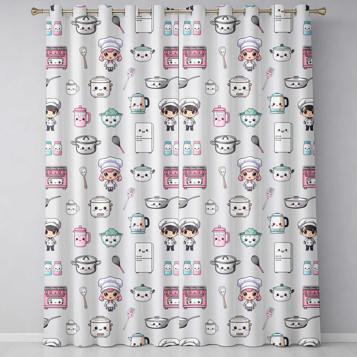 Cute Kawaii Chef Girl Beige Kitchen Utensils Seamless Pattern Readymade Eyelet Ring Top Thermal 100% Blackout Curtains
