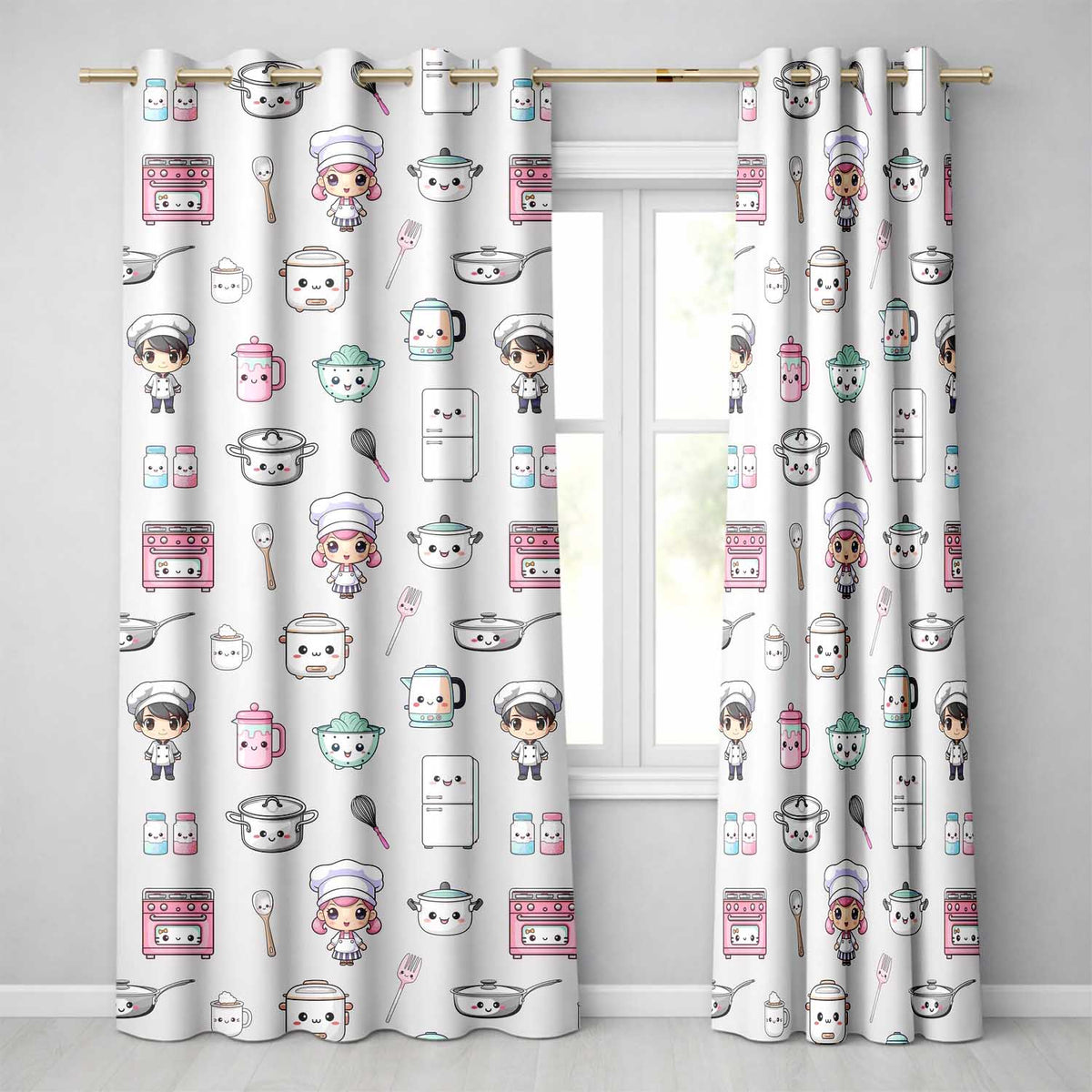 Cute Kawaii Chef Girl Beige Kitchen Utensils Seamless Pattern Readymade Eyelet Ring Top Thermal 100% Blackout Curtains