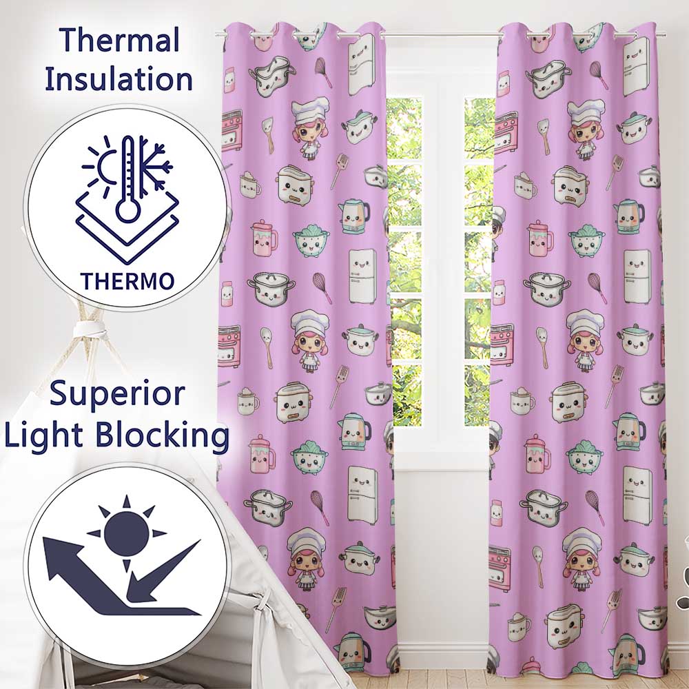 Cute Kawaii Chef Girl Purple Kitchen Utensils Seamless Pattern Readymade Eyelet Ring Top Thermal 100% Blackout Curtains