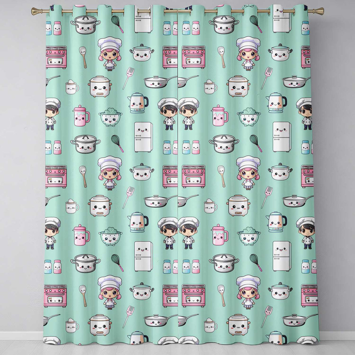 Cute Kawaii Chef Girl Mint Kitchen Utensils Seamless Pattern Readymade Eyelet Ring Top Thermal 100% Blackout Curtains