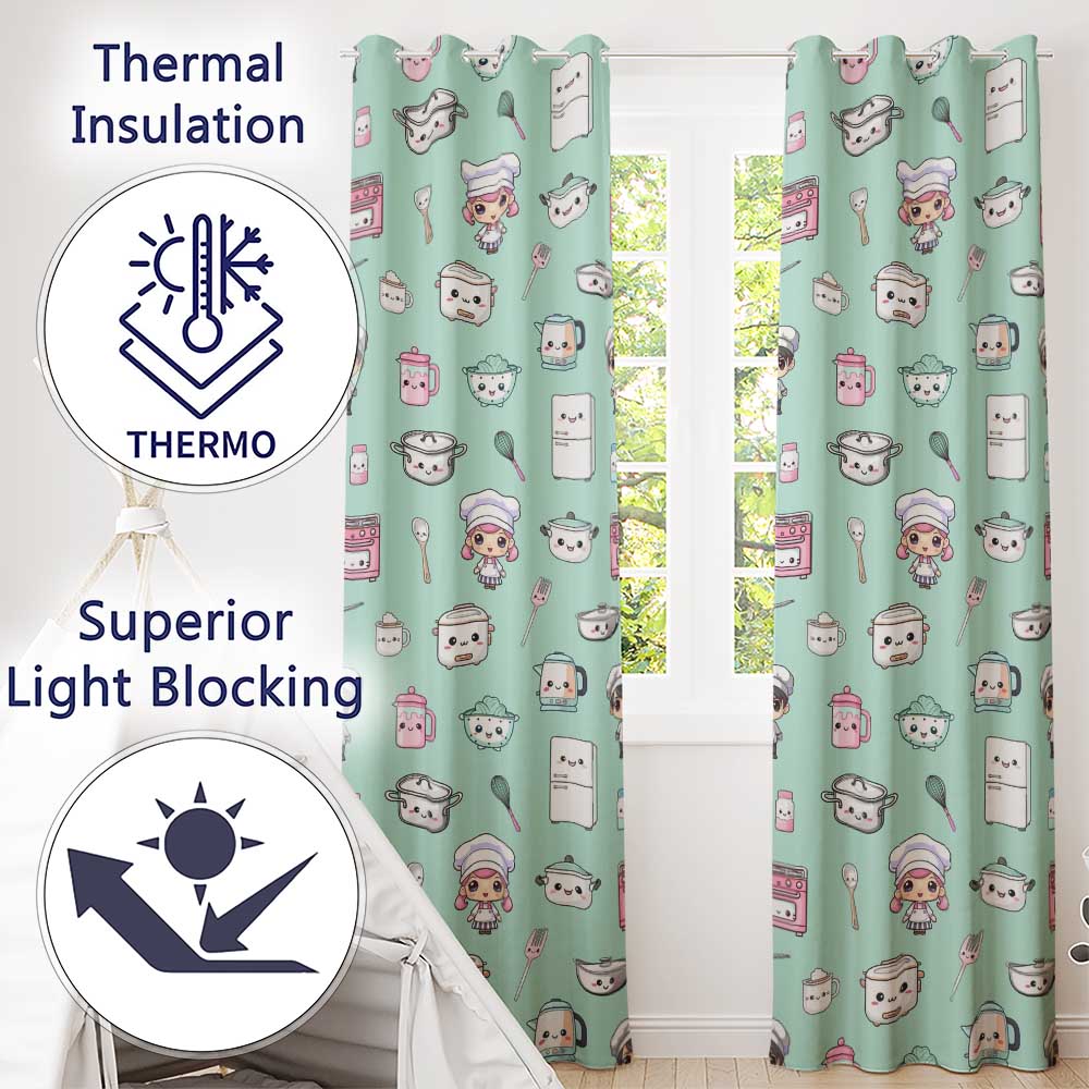 Cute Kawaii Chef Girl Mint Kitchen Utensils Seamless Pattern Readymade Eyelet Ring Top Thermal 100% Blackout Curtains