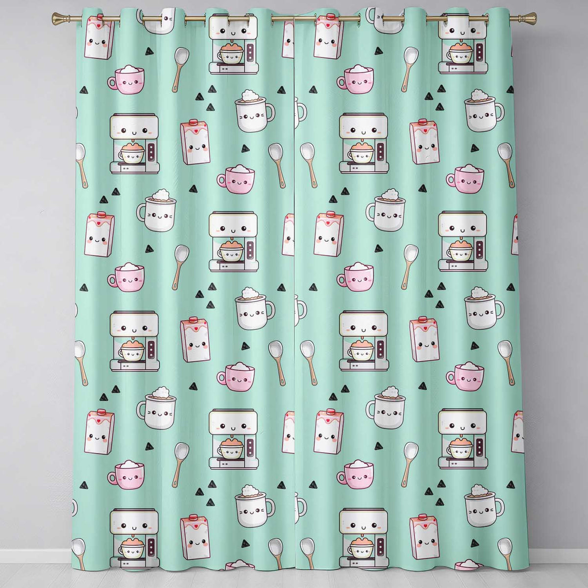Cute Kawaii Coffee Maker Cups Milk Mint Background Seamless Pattern Readymade Eyelet Ring Top Thermal 100% Blackout Curtains
