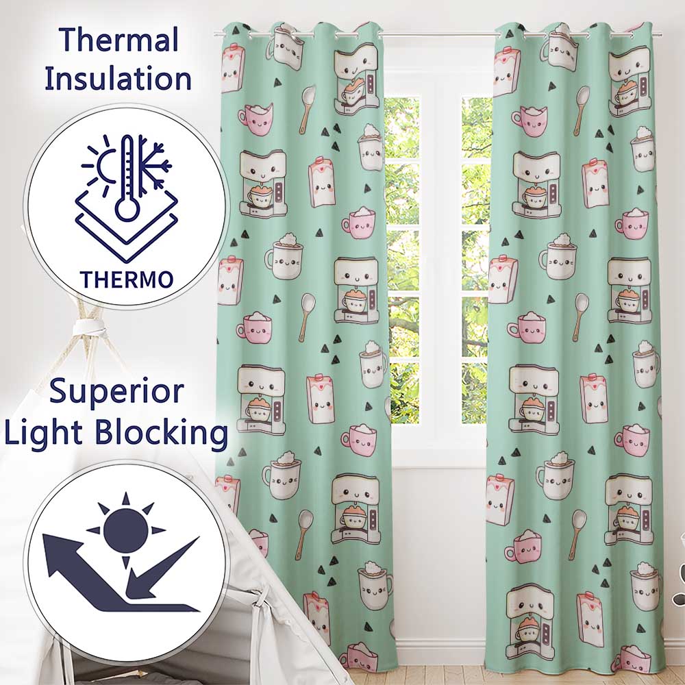 Cute Kawaii Coffee Maker Cups Milk Mint Background Seamless Pattern Readymade Eyelet Ring Top Thermal 100% Blackout Curtains