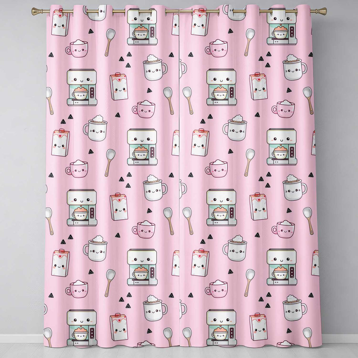 Cute Kawaii Coffee Maker Cups Milk Pink Background Seamless Pattern Readymade Eyelet Ring Top Thermal 100% Blackout Curtains