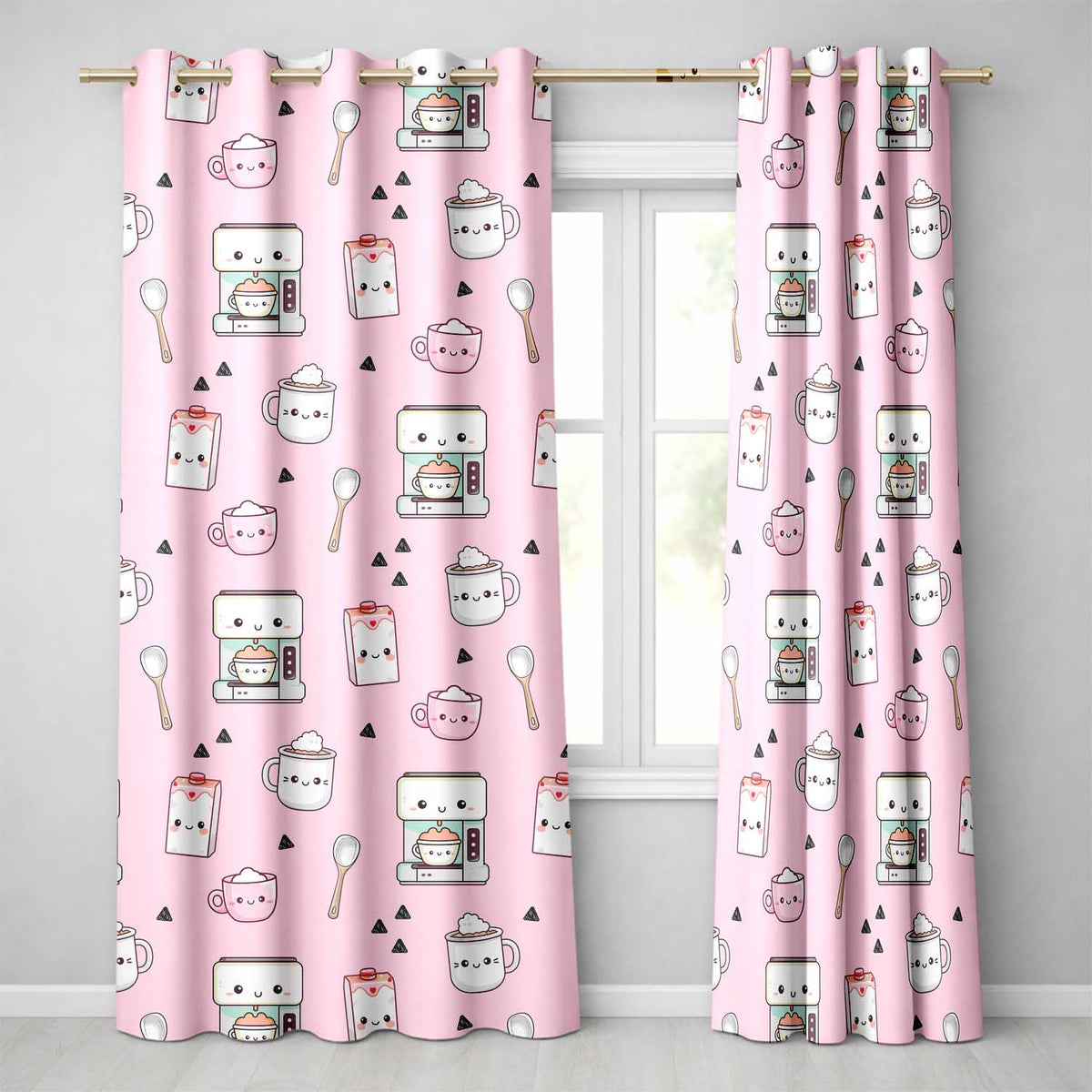 Cute Kawaii Coffee Maker Cups Milk Pink Background Seamless Pattern Readymade Eyelet Ring Top Thermal 100% Blackout Curtains