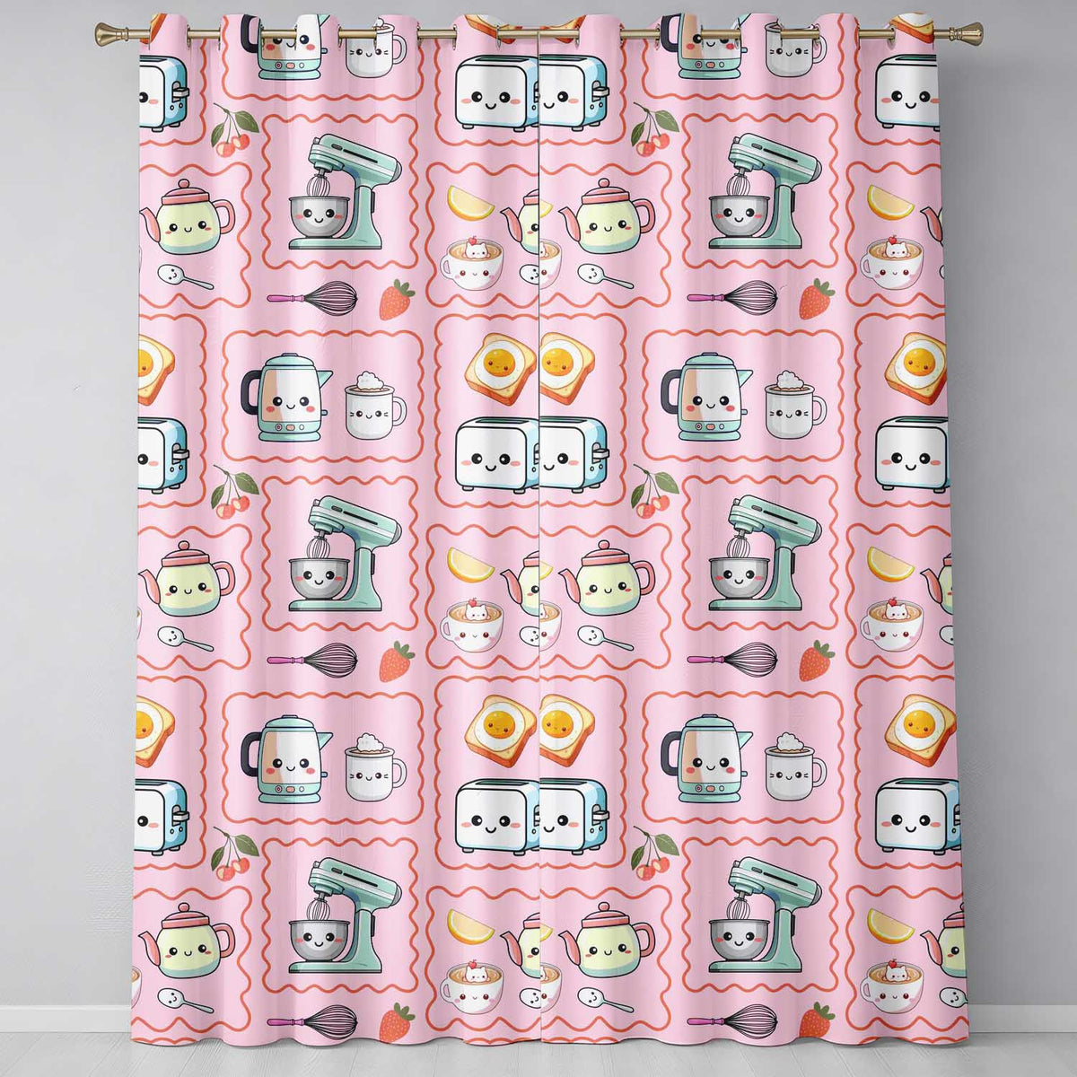 Cute Kawaii Kitchen Mixer Kettle Cups Pink Background Seamless Pattern Readymade Eyelet Ring Top Thermal 100% Blackout Curtains