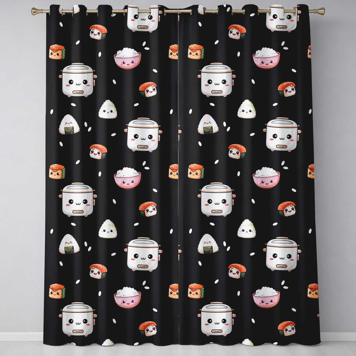 Cute Kawaii Sushi Rice Bowl Cooker Black Background Seamless Pattern Readymade Eyelet Ring Top Thermal 100% Blackout Curtains