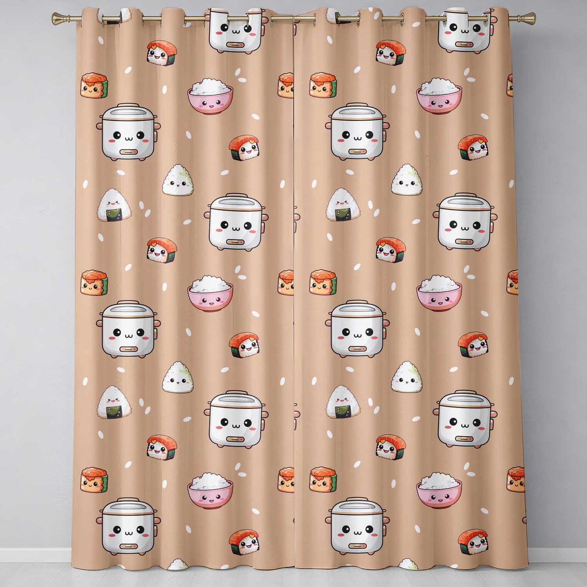 Cute Kawaii Sushi Rice Cooker Bowl Salmon Beige Background Seamless Pattern Readymade Eyelet Ring Top Thermal 100% Blackout Curtains