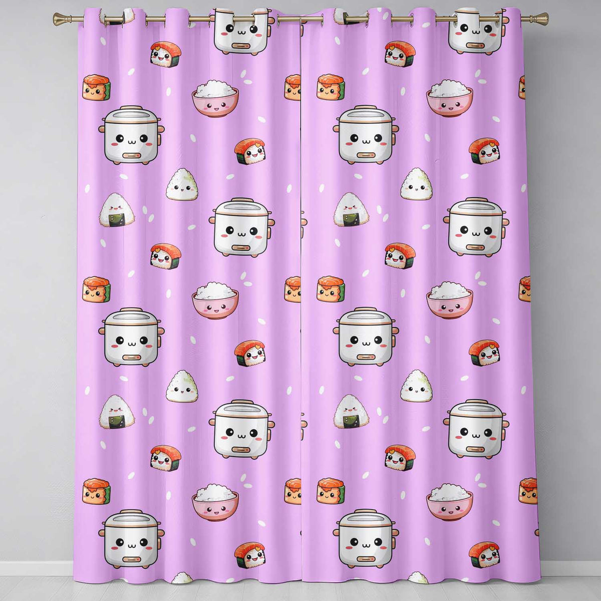 Cute Kawaii Sushi Rice Cooker Bowl Purple Background Seamless Pattern Readymade Eyelet Ring Top Thermal 100% Blackout Curtains