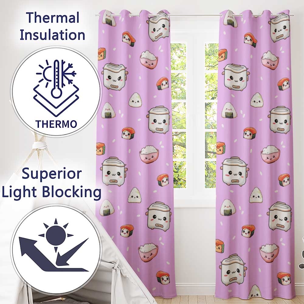 Cute Kawaii Sushi Rice Cooker Bowl Purple Background Seamless Pattern Readymade Eyelet Ring Top Thermal 100% Blackout Curtains