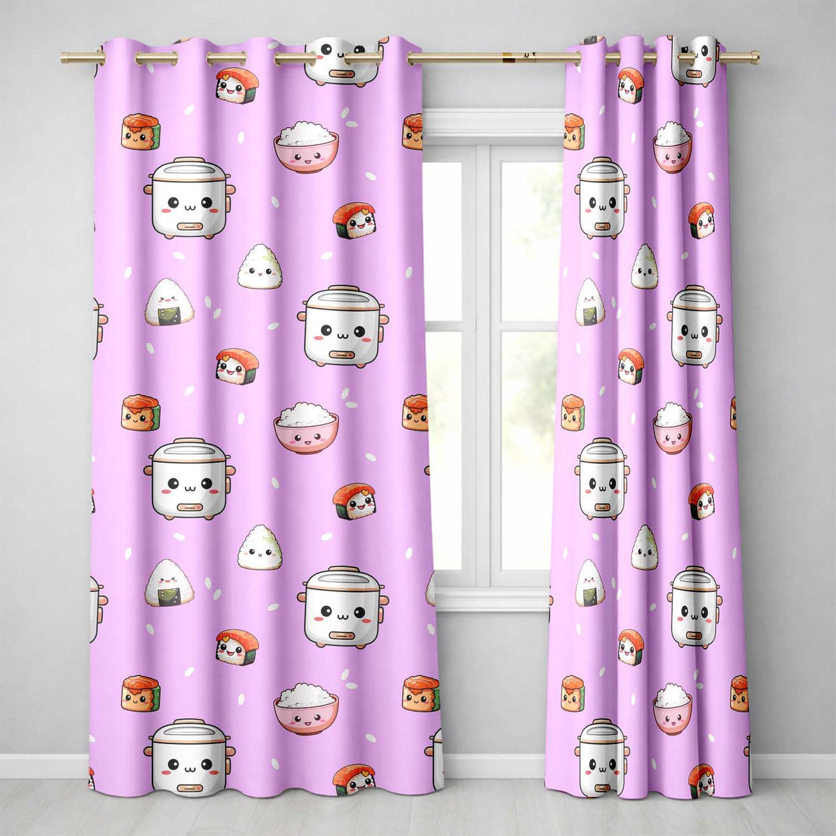 Cute Kawaii Sushi Rice Cooker Bowl Purple Background Seamless Pattern Readymade Eyelet Ring Top Thermal 100% Blackout Curtains