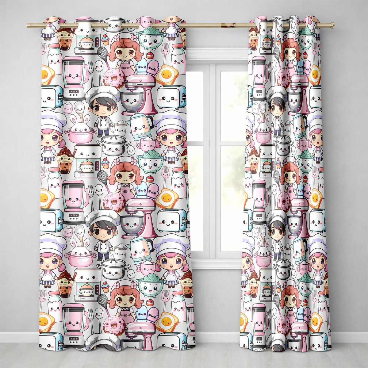 Cute Kawaii Baking Girl Mixer Blender Donut Cream Background Seamless Pattern Readymade Eyelet Ring Top Thermal 100% Blackout Curtains