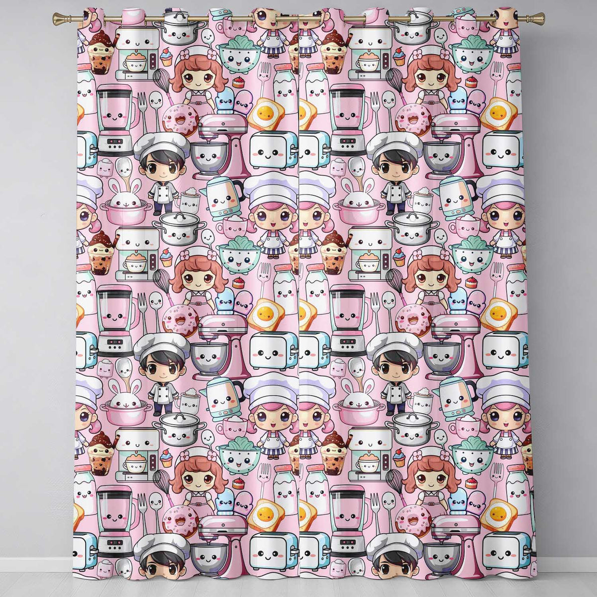 Cute Kawaii Baking Girl Mixer Blender Donut Pink Background Seamless Pattern Readymade Eyelet Ring Top Thermal 100% Blackout Curtains