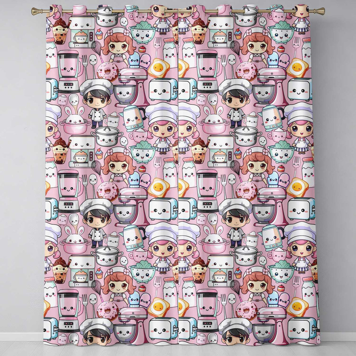 Cute Kawaii Baking Girl Mixer Blender Donut Blush Background Seamless Pattern Readymade Eyelet Ring Top Thermal 100% Blackout Curtains