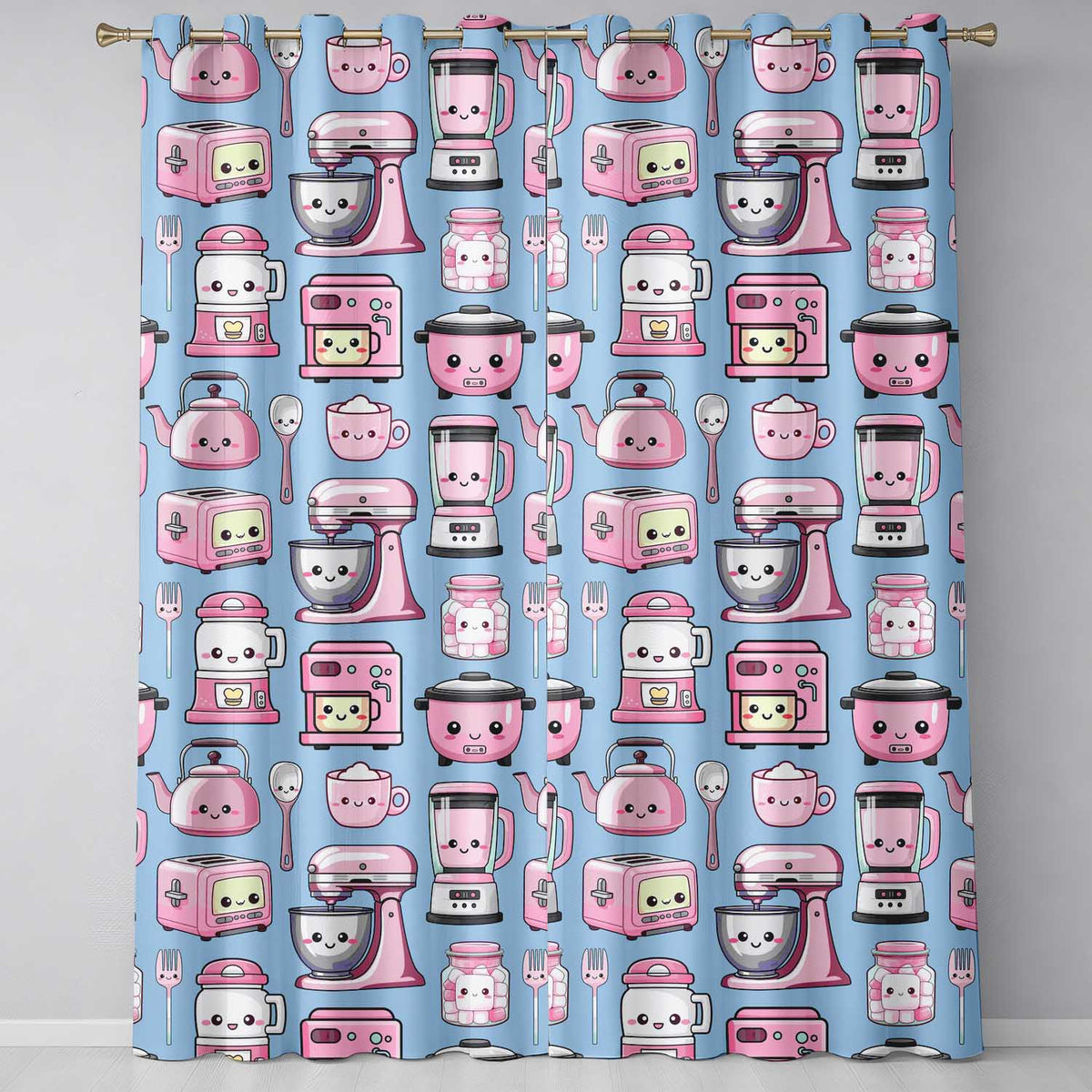 Cute Kawaii Pink Kitchen Appliances Soft Blue Background Seamless Pattern Readymade Eyelet Ring Top Thermal 100% Blackout Curtains