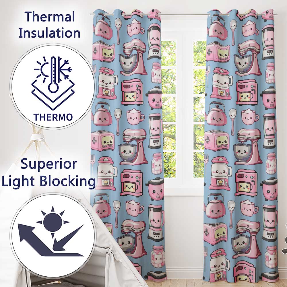 Cute Kawaii Pink Kitchen Appliances Soft Blue Background Seamless Pattern Readymade Eyelet Ring Top Thermal 100% Blackout Curtains