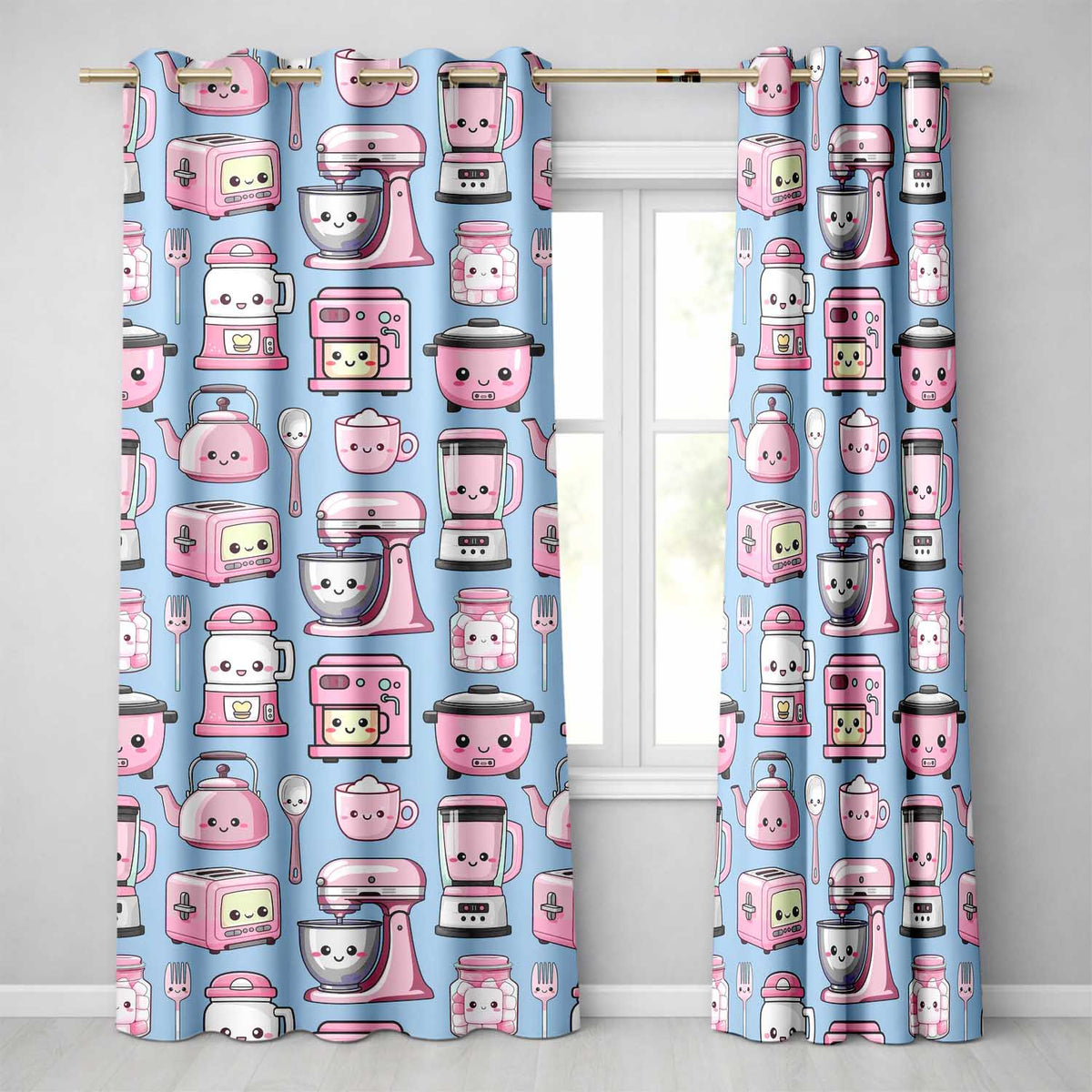 Cute Kawaii Pink Kitchen Appliances Soft Blue Background Seamless Pattern Readymade Eyelet Ring Top Thermal 100% Blackout Curtains