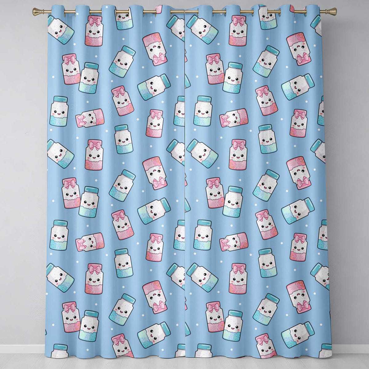 Cute Kawaii Sweet Sugar Jars with Bows Soft Blue Background Seamless Pattern Readymade Eyelet Ring Top Thermal 100% Blackout Curtains