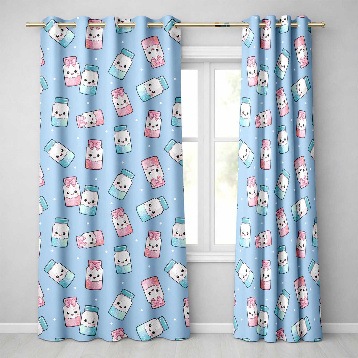 Cute Kawaii Sweet Sugar Jars with Bows Soft Blue Background Seamless Pattern Readymade Eyelet Ring Top Thermal 100% Blackout Curtains
