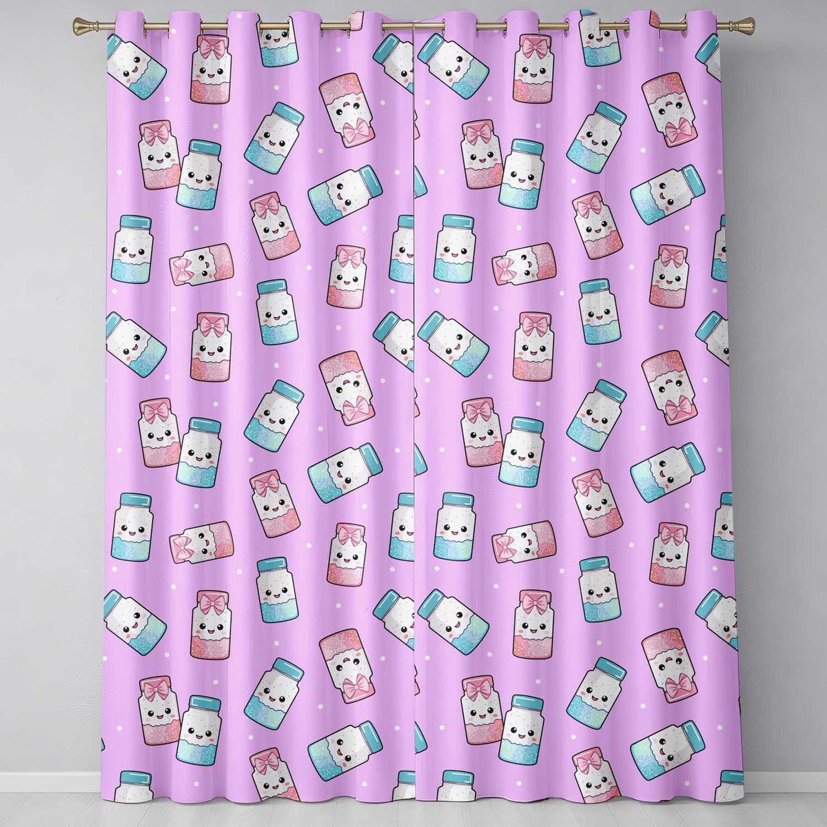 Cute Kawaii Sweet Sugar Jars with Bows Purple Background Seamless Pattern Readymade Eyelet Ring Top Thermal 100% Blackout Curtains