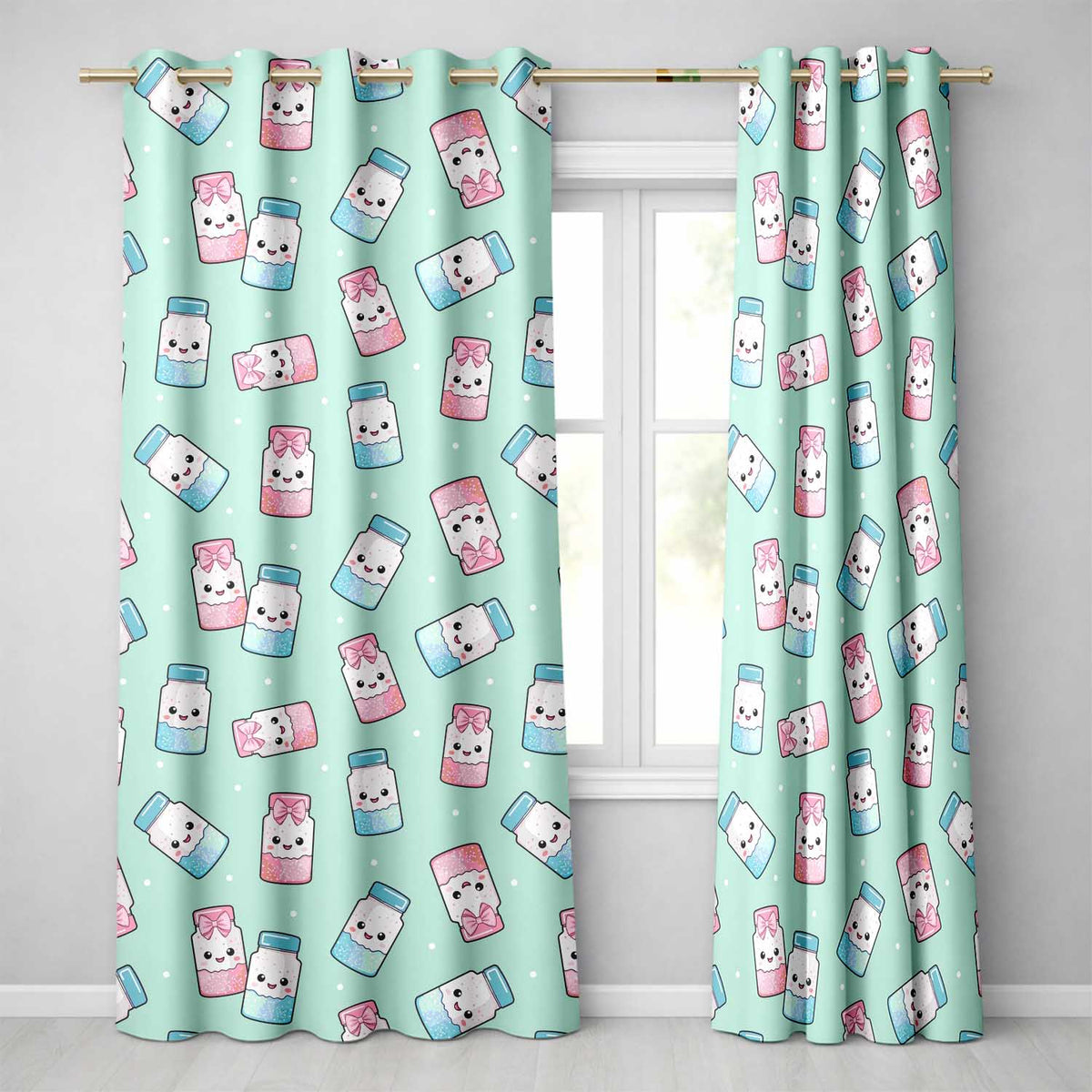 Cute Kawaii Sweet Sugar Jars with Bows Mint Green Background Seamless Pattern Readymade Eyelet Ring Top Thermal 100% Blackout Curtains