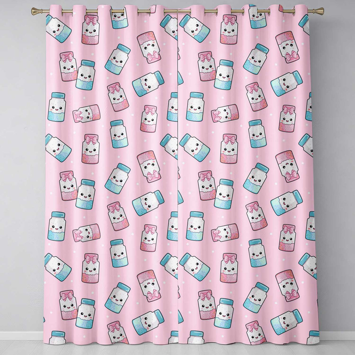 Cute Kawaii Sweet Sugar Jars with Bows Soft Beige Background Seamless Pattern Readymade Eyelet Ring Top Thermal 100% Blackout Curtains