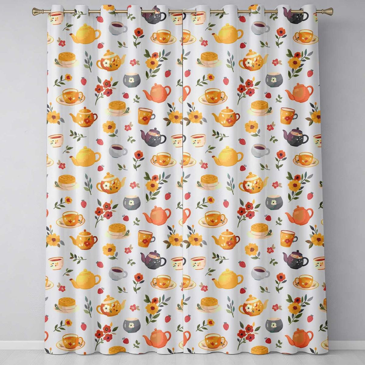 Cute Vintage Teapots Cups Flowers Cream Background Seamless Pattern Readymade Eyelet Ring Top Thermal 100% Blackout Curtains
