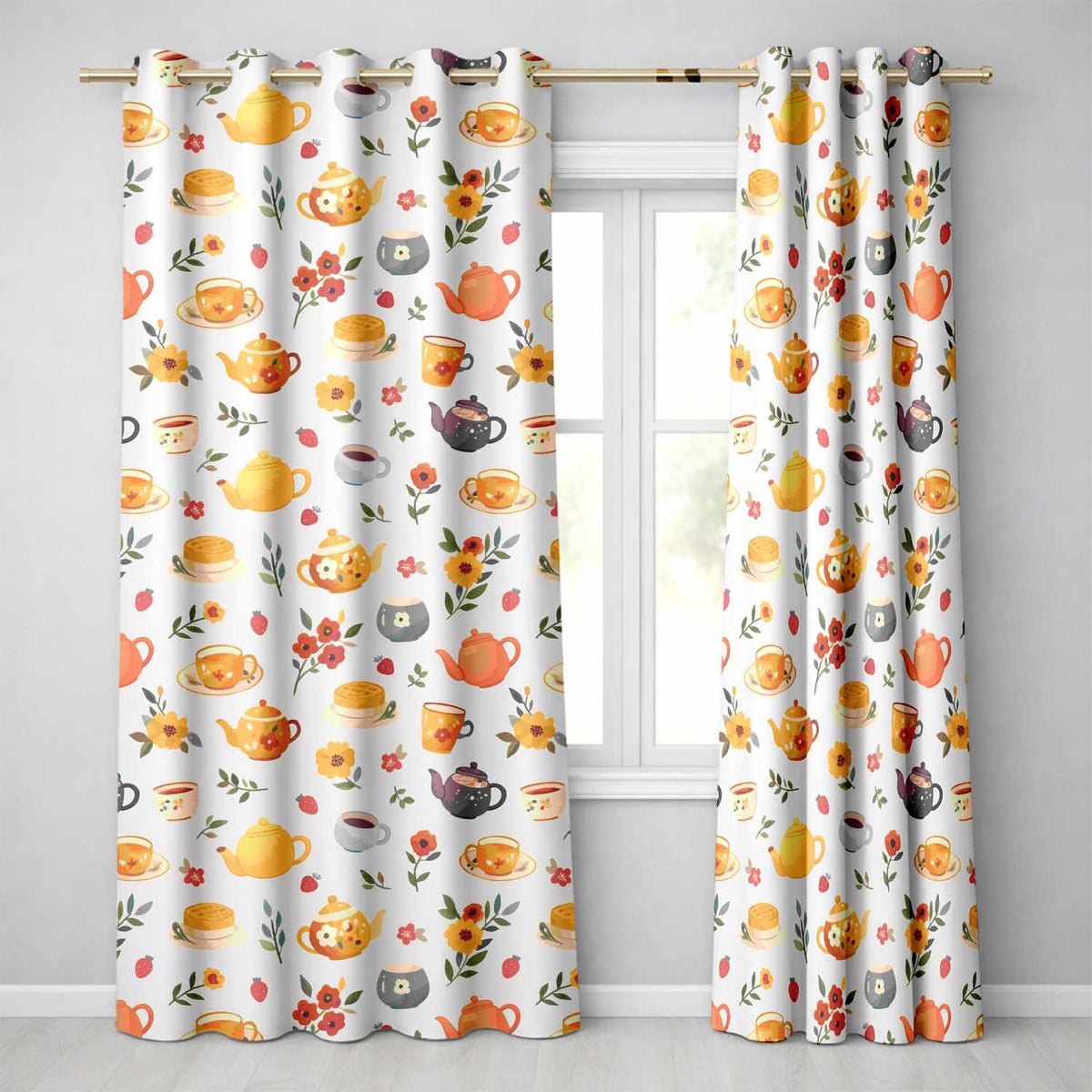 Cute Vintage Teapots Cups Flowers Cream Background Seamless Pattern Readymade Eyelet Ring Top Thermal 100% Blackout Curtains