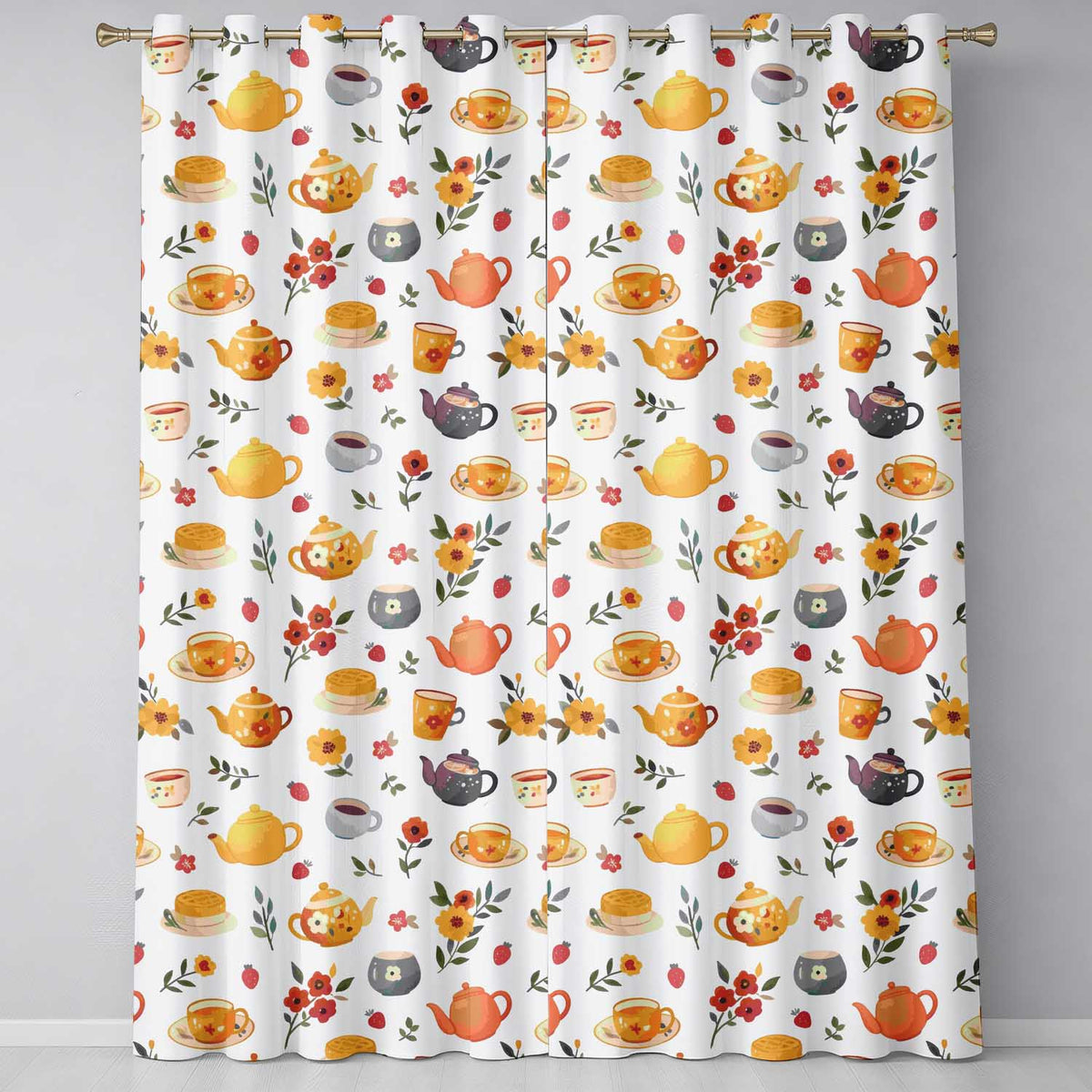 Cute Vintage Teapots Cups Flowers Light Grey Background Seamless Pattern Readymade Eyelet Ring Top Thermal 100% Blackout Curtains