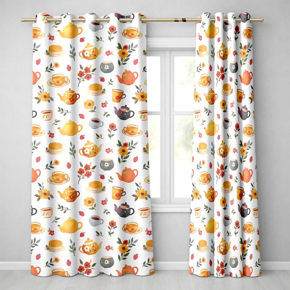 Cute Vintage Teapots Cups Flowers Light Grey Background Seamless Pattern Readymade Eyelet Ring Top Thermal 100% Blackout Curtains