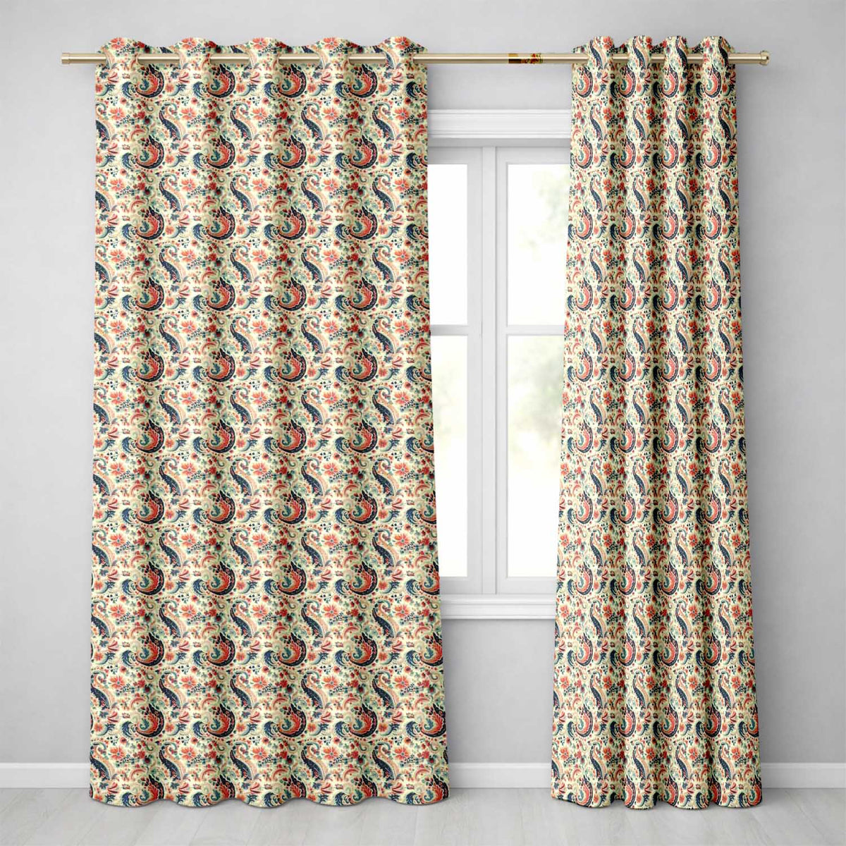 Bohemian Paisley Red Blue Floral Seamless Pattern Readymade Eyelet Ring Top Thermal 100% Blackout Curtains