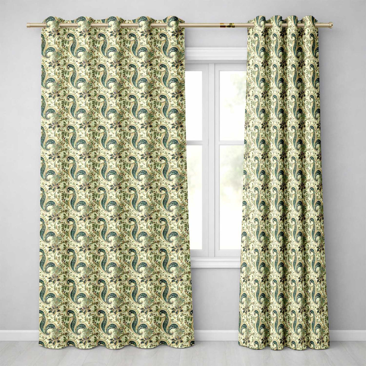 Elegant Green Gold Paisley Floral Seamless Pattern Readymade Eyelet Ring Top Thermal 100% Blackout Curtains