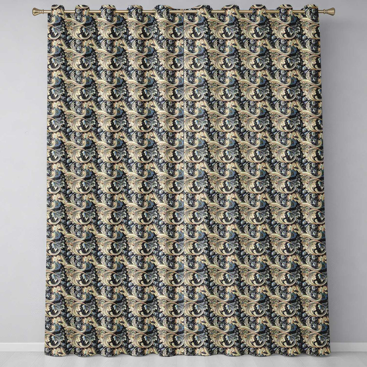 Luxury Navy Gold Floral Paisley Seamless Pattern Readymade Eyelet Ring Top Thermal 100% Blackout Curtains
