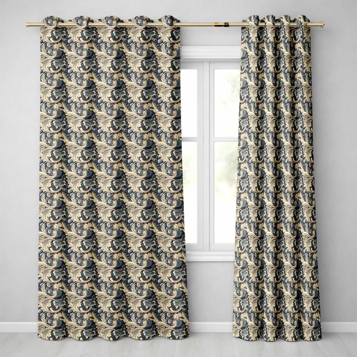 Luxury Navy Gold Floral Paisley Seamless Pattern Readymade Eyelet Ring Top Thermal 100% Blackout Curtains
