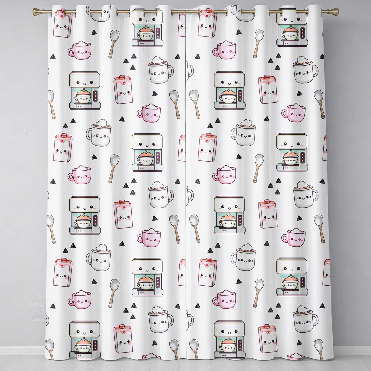 Cute Kawaii Kitchen Appliances Seamless Pattern Readymade Eyelet Ring Top Thermal 100% Blackout Curtains