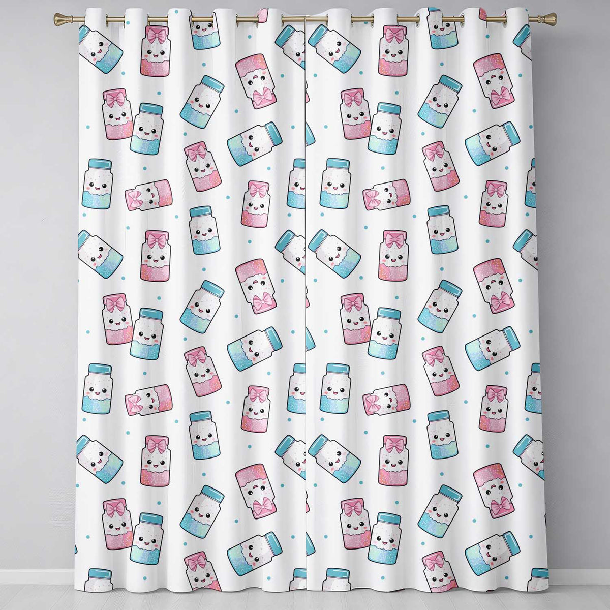 Cute Kawaii Sugar Jars Pink Blue Sprinkles Seamless Pattern Readymade Eyelet Ring Top Thermal 100% Blackout Curtains