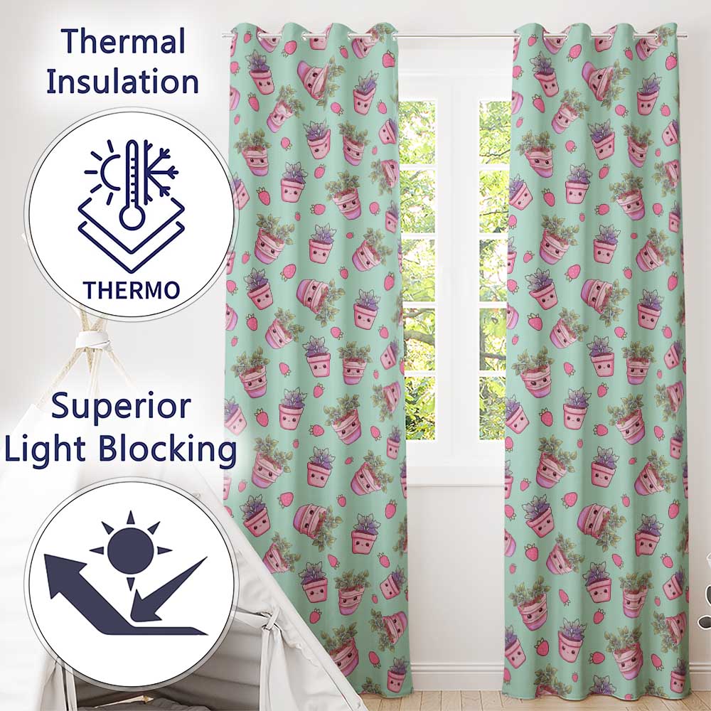 Cute Kawaii Strawberry Plant Pots Teal Background Seamless Pattern Readymade Eyelet Ring Top Thermal 100% Blackout Curtains