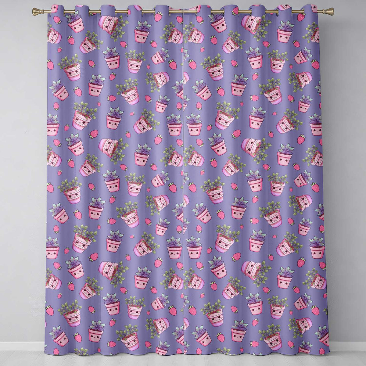 Cute Kawaii Strawberry Plant Pots Purple Background Seamless Pattern Readymade Eyelet Ring Top Thermal 100% Blackout Curtains