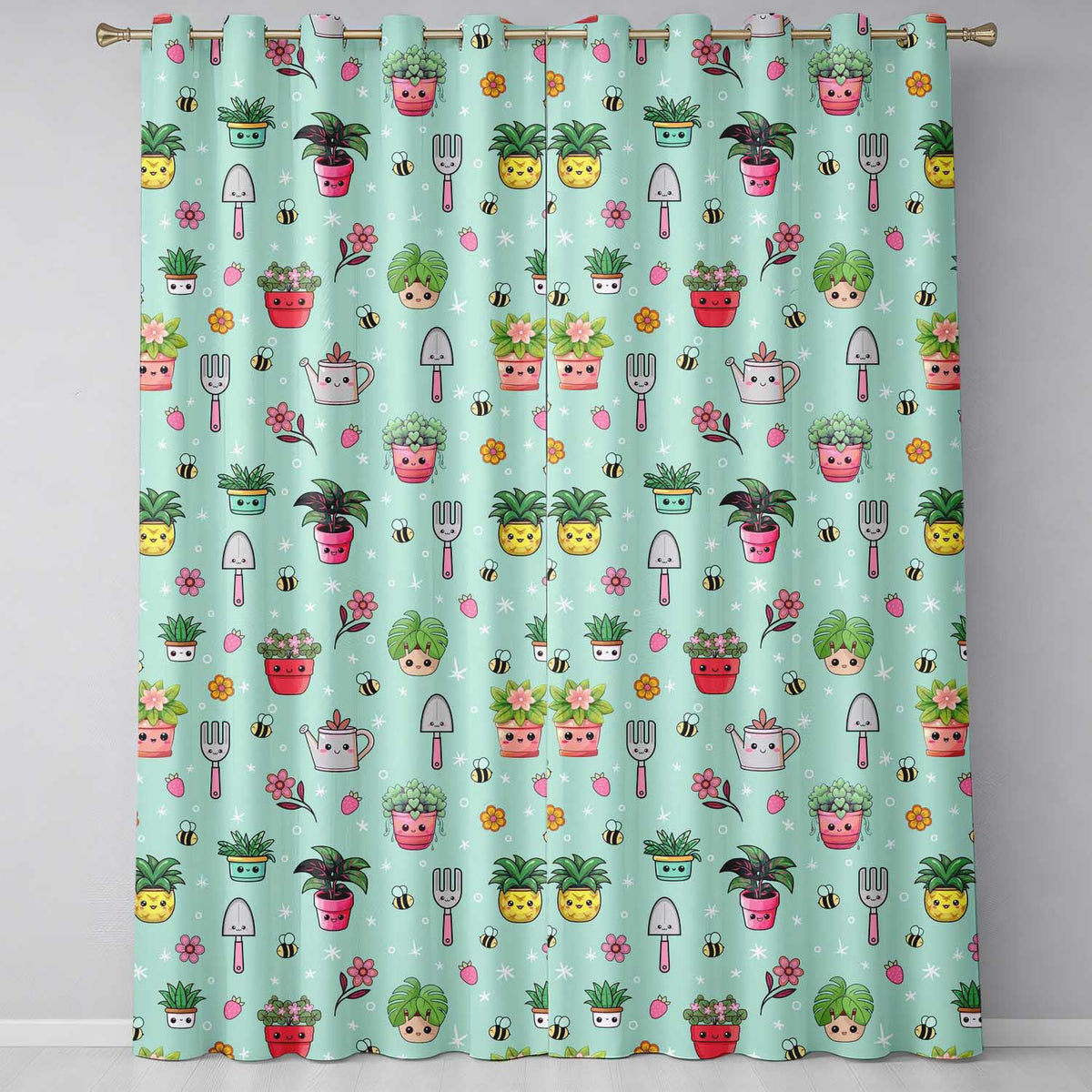 Cute Kawaii Garden Tools Flowers Bees Mint Background Seamless Pattern Readymade Eyelet Ring Top Thermal 100% Blackout Curtains