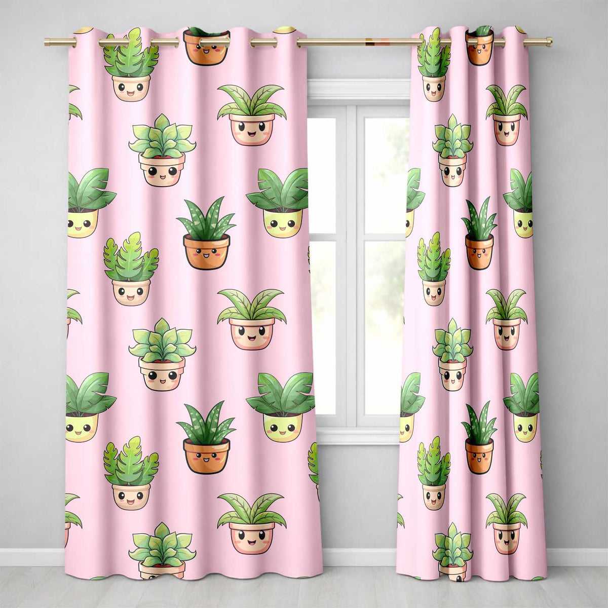 Cute Kawaii Indoor Plants Blush Pink Background Seamless Pattern Readymade Eyelet Ring Top Thermal 100% Blackout Curtains