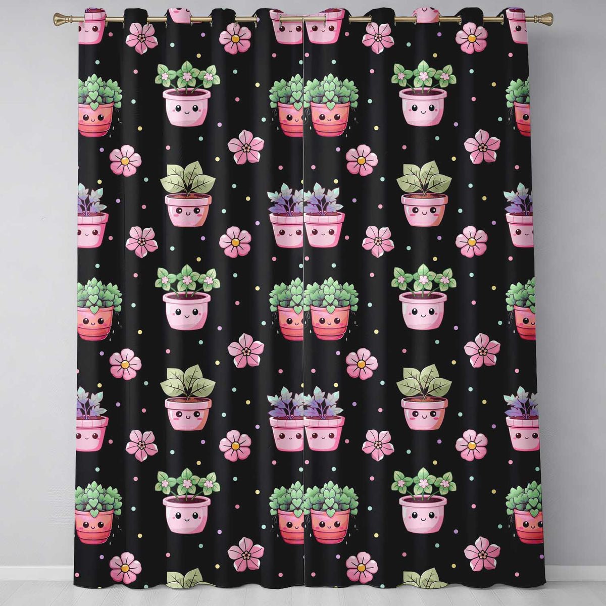 Cute Kawaii Floral Plants Black Background Seamless Pattern Readymade Eyelet Ring Top Thermal 100% Blackout Curtains