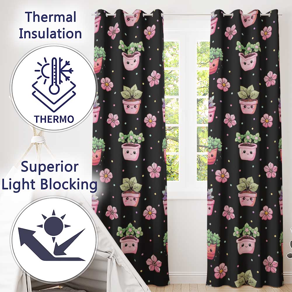 Cute Kawaii Floral Plants Black Background Seamless Pattern Readymade Eyelet Ring Top Thermal 100% Blackout Curtains