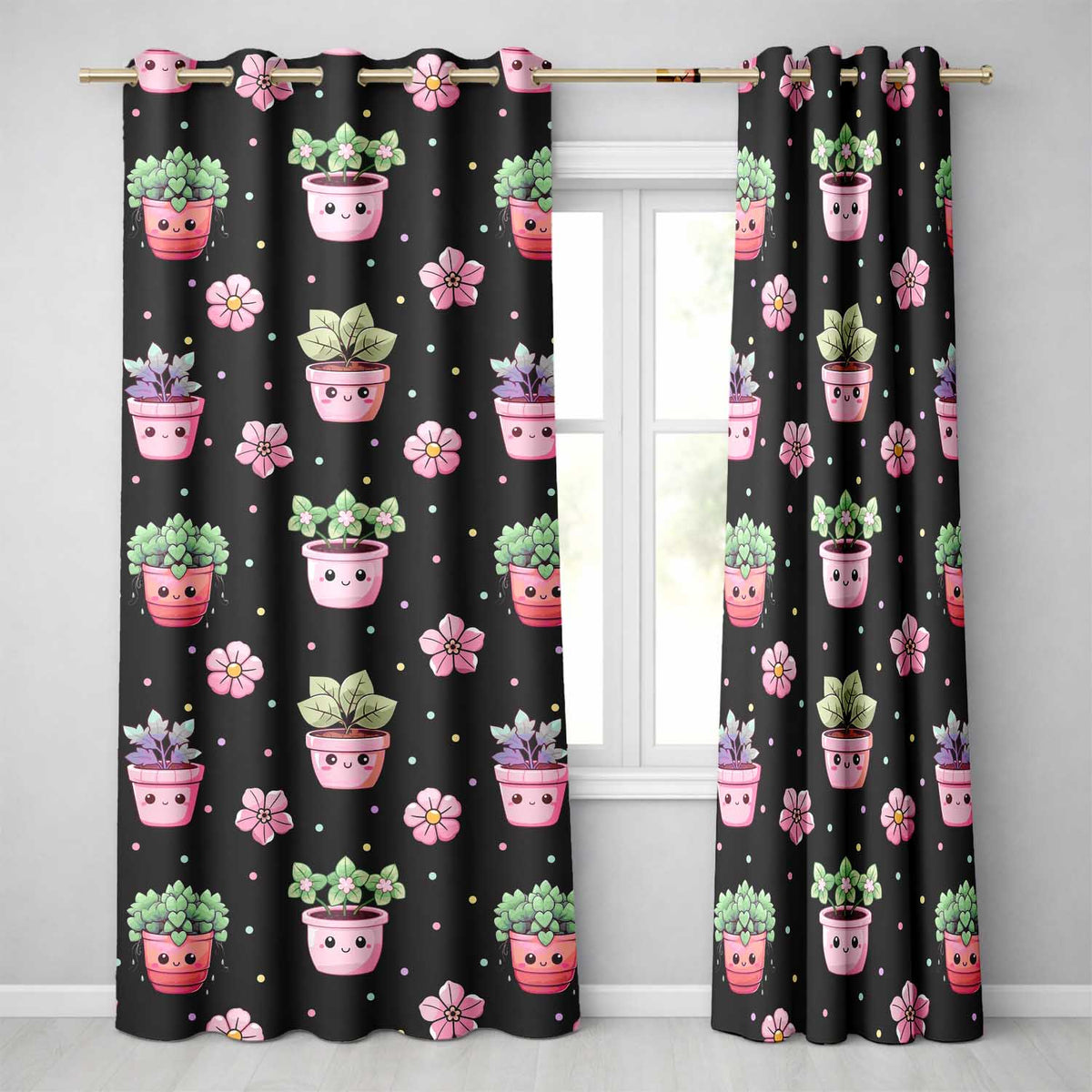Cute Kawaii Floral Plants Black Background Seamless Pattern Readymade Eyelet Ring Top Thermal 100% Blackout Curtains