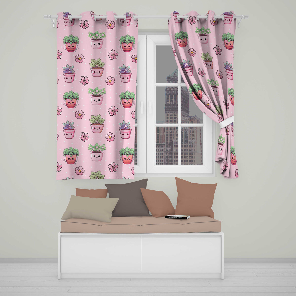 Cute Kawaii Floral Plants Pink Background Seamless Pattern Readymade Eyelet Ring Top Thermal 100% Blackout Curtains