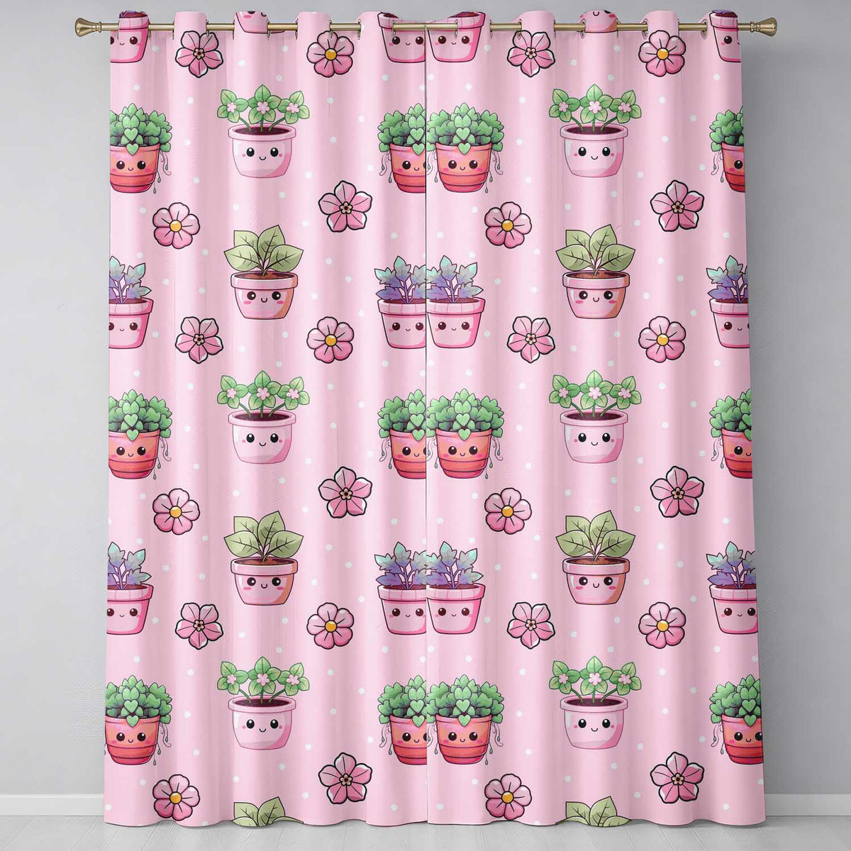 Cute Kawaii Floral Plants Pink Background Seamless Pattern Readymade Eyelet Ring Top Thermal 100% Blackout Curtains