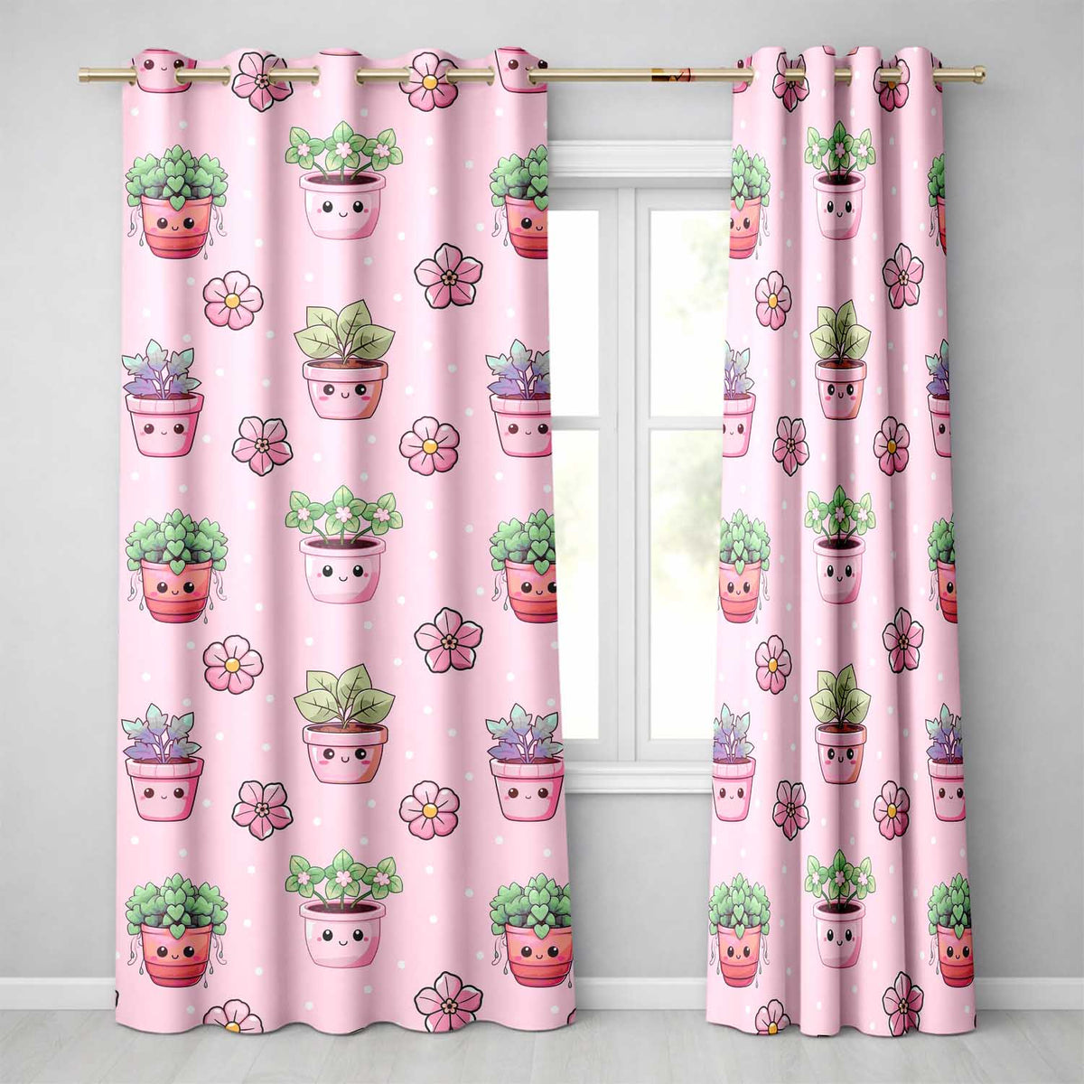 Cute Kawaii Floral Plants Pink Background Seamless Pattern Readymade Eyelet Ring Top Thermal 100% Blackout Curtains