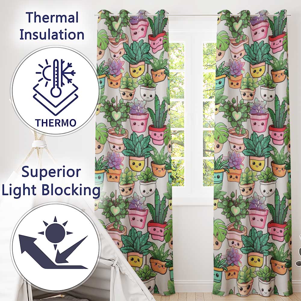 Cute Kawaii Indoor Plants Cream Background Seamless Pattern Readymade Eyelet Ring Top Thermal 100% Blackout Curtains