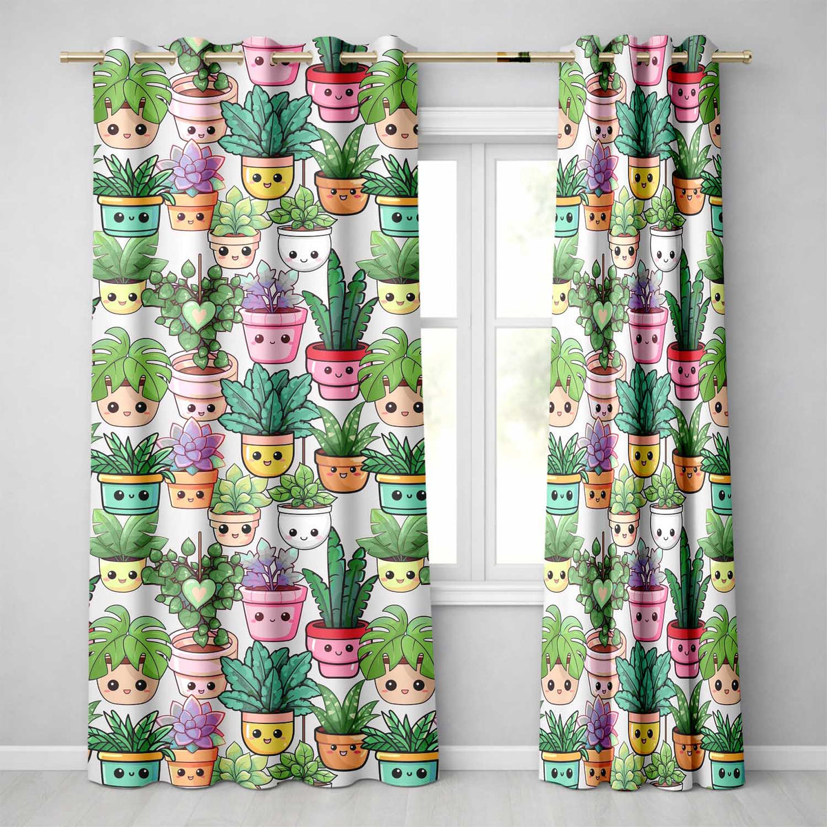 Cute Kawaii Indoor Plants Cream Background Seamless Pattern Readymade Eyelet Ring Top Thermal 100% Blackout Curtains