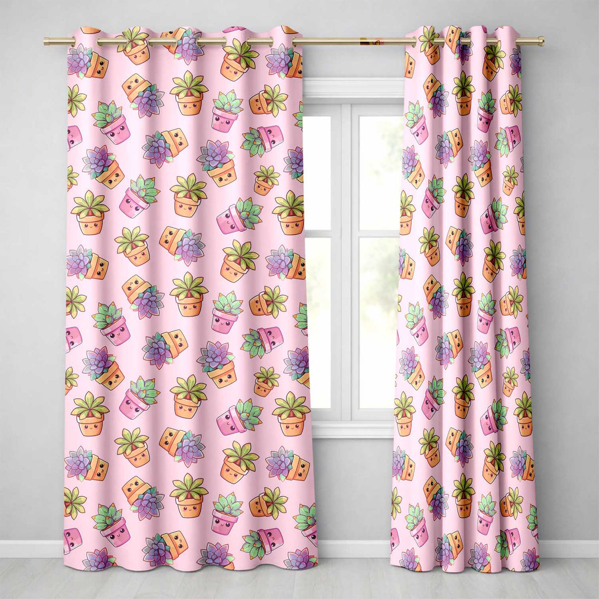 Cute Kawaii Succulent Plants Dusty Pink Background Seamless Pattern Readymade Eyelet Ring Top Thermal 100% Blackout Curtains
