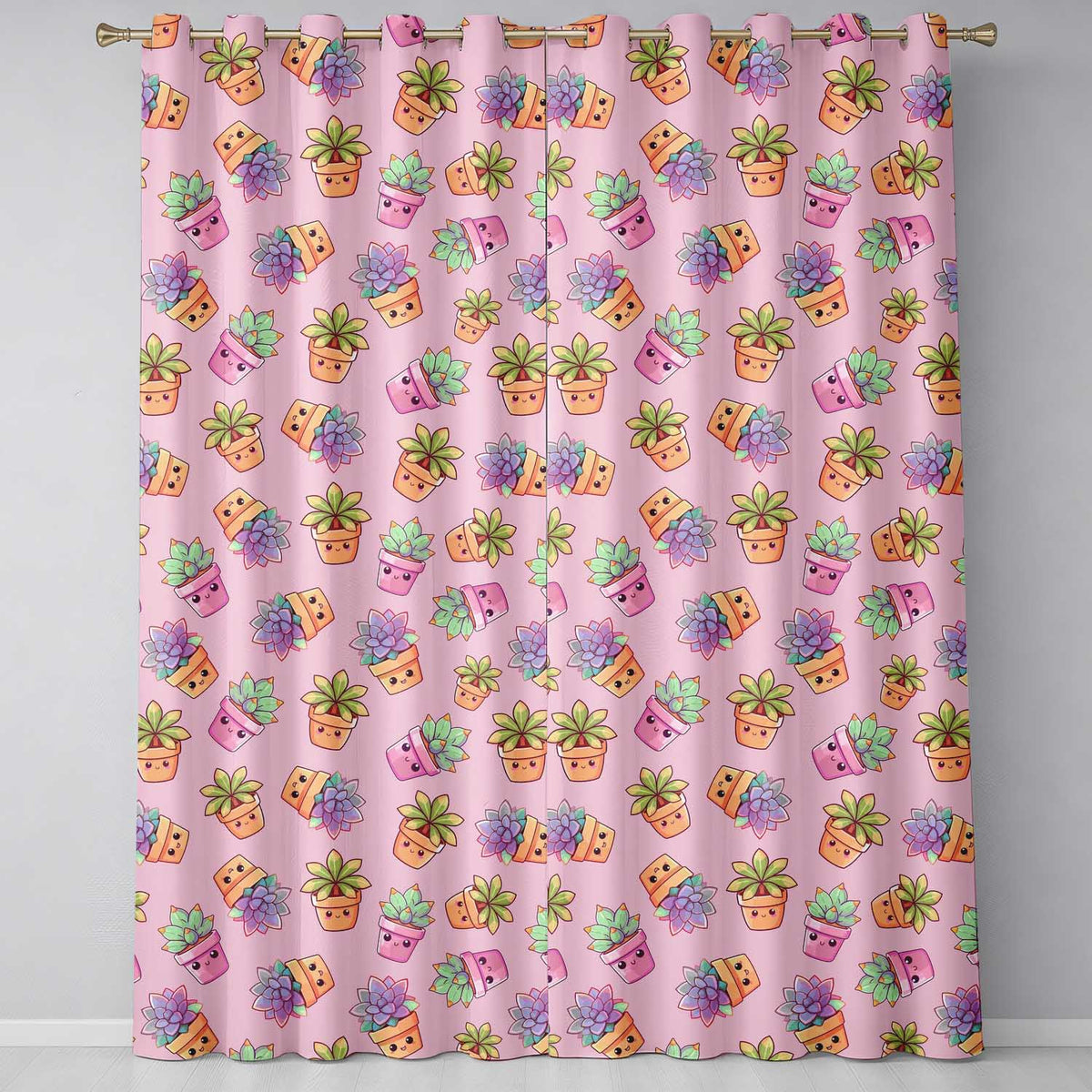 Cute Kawaii Succulent Plants Rose Pink Background Seamless Pattern Readymade Eyelet Ring Top Thermal 100% Blackout Curtains
